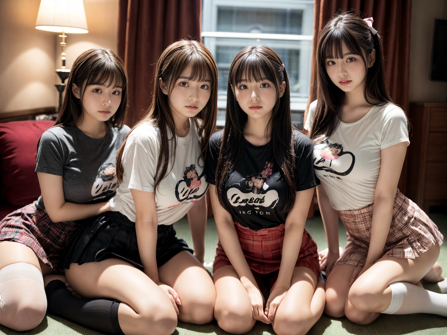 ((masterpiece)), ((best quality)), (ultra-detailed), ((extremely detailed)), 4K, (8K), best quality, (beautiful), realistic, real, dynamic angle, full body, full body focus, school, (3girls, 3 cute girls:1.5), miniskirt, beautiful brown eyes, ((beautiful eyes)), large breast, light smile, (love, hug, kiss:1.5)