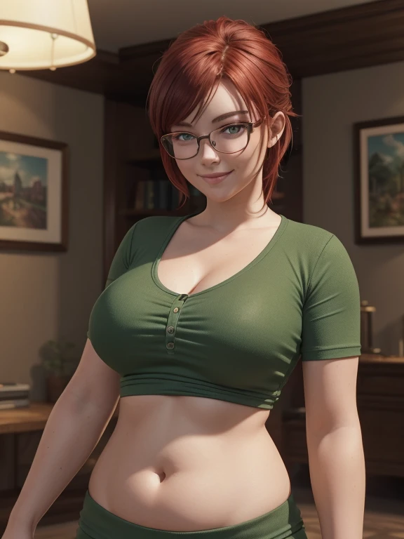 A tall woman with a big chest, red hair, short braids, her brown eye, wearing glasses, a small, thin body, curves, and wearing a striped white top, showing her navel, and her short green shorts, wearing a black belt, a pair of white net socks on her leg.