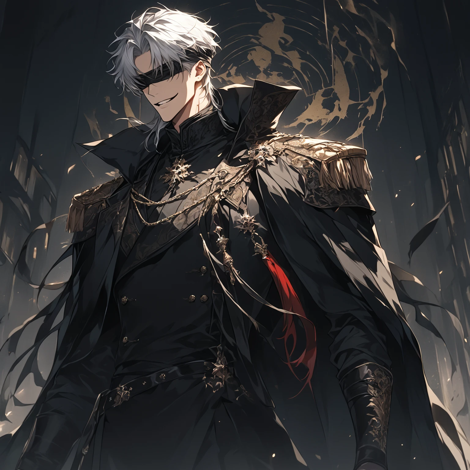 (Absurdres, Intricate Details, Masterpiece, Best Quality, High Resolution, 8k), (1man), (male:1.3), young, chiseled facial features, finely detailed eyes and face, slim body, sense of humor, light skin, finely detail eyes and face, (detailed eyes:1.5), (short white hair:1.8), (fade haircut:1.8), (red eyes:1.25), anchor shaving, nervous, (style-rustmagic:0.8), portrait, looking down, solo, (full body:0.6), detailed background, (high fantasy greek roman theme:1.1), dark seeker, serious expression, silver trimmed elaborate intricate (studded:0.8), tattoos, black body suit with large oversized black coat with one sleeve and massive collar, gunpowder, (night sky background:1.5), winter, mysterious atmosphere, dark lighting, shadows, warhammer dark fantasy, precise and accurate, finely detailed background, Depth of Field, VFX.