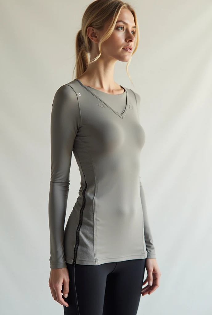 a woman in a cinza top and shorts smiles while posing for a picture, steel gray body, camisa cinza, Manga compridas, Manga comprida, roupas de caminhada, roupas esportivas, light cinza, solid gray, cinza clothes, camisa de malha, roupas esportivas, solid cinza, in gunmetal cinza, Roupas casuais modernas, dark cinza, light cinza mist, cinza, antracite