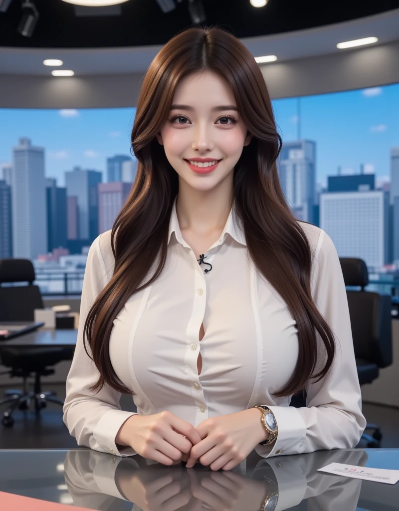 1girl wearing sexy white shirt and black skirt, ((weather forecast reporter)),(on a studio),((characters play)),(weather forecast on tv display),(big boobs),cleavage,(Closeup camera view),(detailed blue eyes),(smiling),live television studio monitor