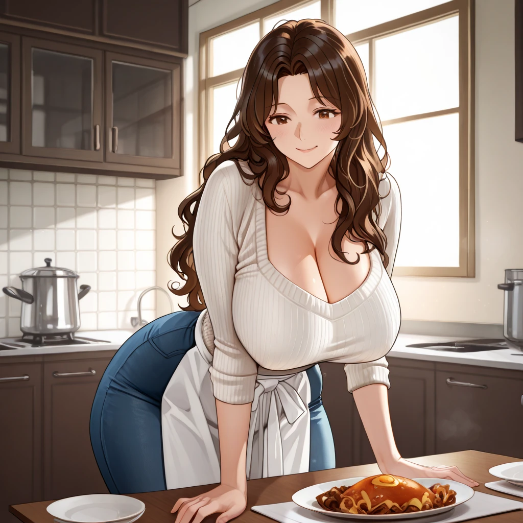 

detailed illustration, dynamic angle, ultra-detailed, illustration, 1girl, 28 year old, milf, tight pastel color apron, tight blue blue jeans, thick meaty thighs, wavy brown hair, long hair, bright brown eyes, deep cleavage, large sagging breasts, standing in a kitchen, countertop, mixing bow up pancake batter, smiling, naïve, blushing, horny, happy, joy, delight, wet spots on chest,