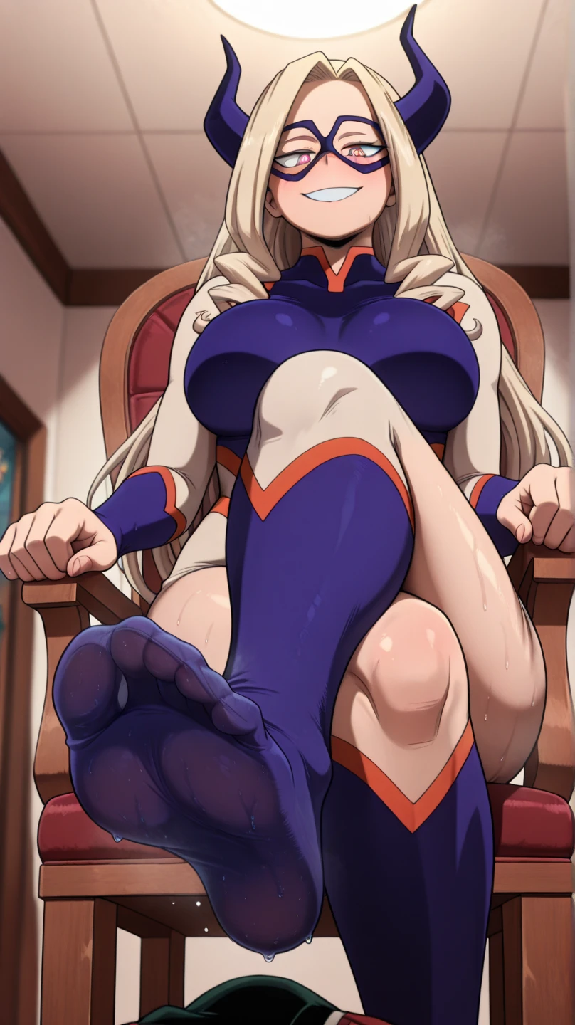 score_9_up, score_8_up,score_7_up, source_anime, best quality,very athletic, official art, anime keyvisual, foot focus,sitting on the floor, toe job, penis, (pov from below:1.3), low angle, 1girl, Mirko, rumi usagiyama, mature female, horny, mischievous grin, barefoot, both detailed feet, five toes, smooth toenails, long hair, animal ears, white hair, dark skin, rabbit ears, dark-skinned female, muscular, rabbit girl, muscular female, red eyes, parted bangs, gloves, thighhighs, gloves, sleeveless, white gloves, leotard, turtleneck, highleg, highleg leotard, fur collar, sleeveless turtleneck, turtleneck leotard, sleeveless turtleneck leotard, crescent print, bedroom