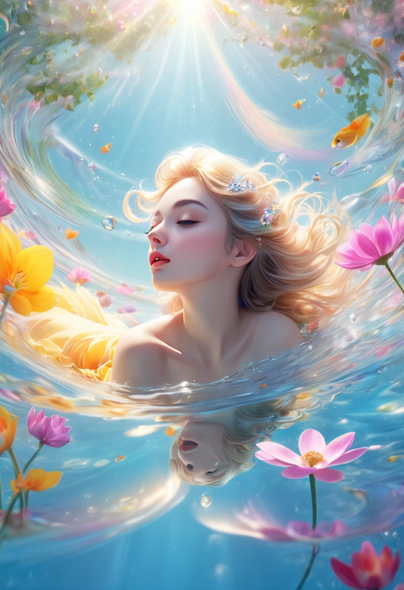Beautiful woman floating peacefully on clear sparkling shallow water。She is wearing a white seashell bikini、The sunlight reflects off the water surface。The water is vibrant shades of blue and green、There are shells scattered all around her.。In this scene, he has his eyes closed and looks comfortable in the calm waves.。Sparkling and beautifully floating。
