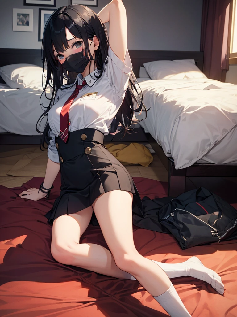 masterpiece, Highest quality, High resolution, One girl, alone, Long Hair、Brown Hair, Brown eyes,Embarrassed expression、Examination room、(Black Panties)、((Black thigh-high socks))、(sleep on the examination table)、corset、first round、(Tattoo under the belly button)、Being restrained