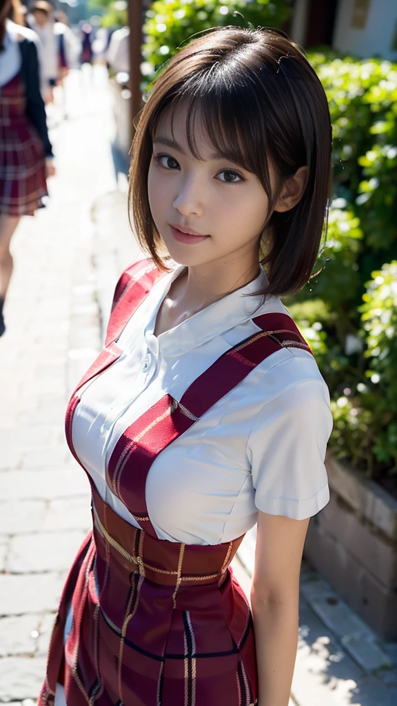 little young girl.................,, in front of the school、Connect to skirt with suspenders、White shirt with long sleeves、Plaid skirt、, , sakimichan,, nice and cute, Innocent smile, , Lovely smile, sakimichan HDRI、 big 、(Beauty Big 1:2) 、 with short bob、Pose cutely , 8 year old , big breasts , red knot , red bow , waistband of skirt is at the point above chest