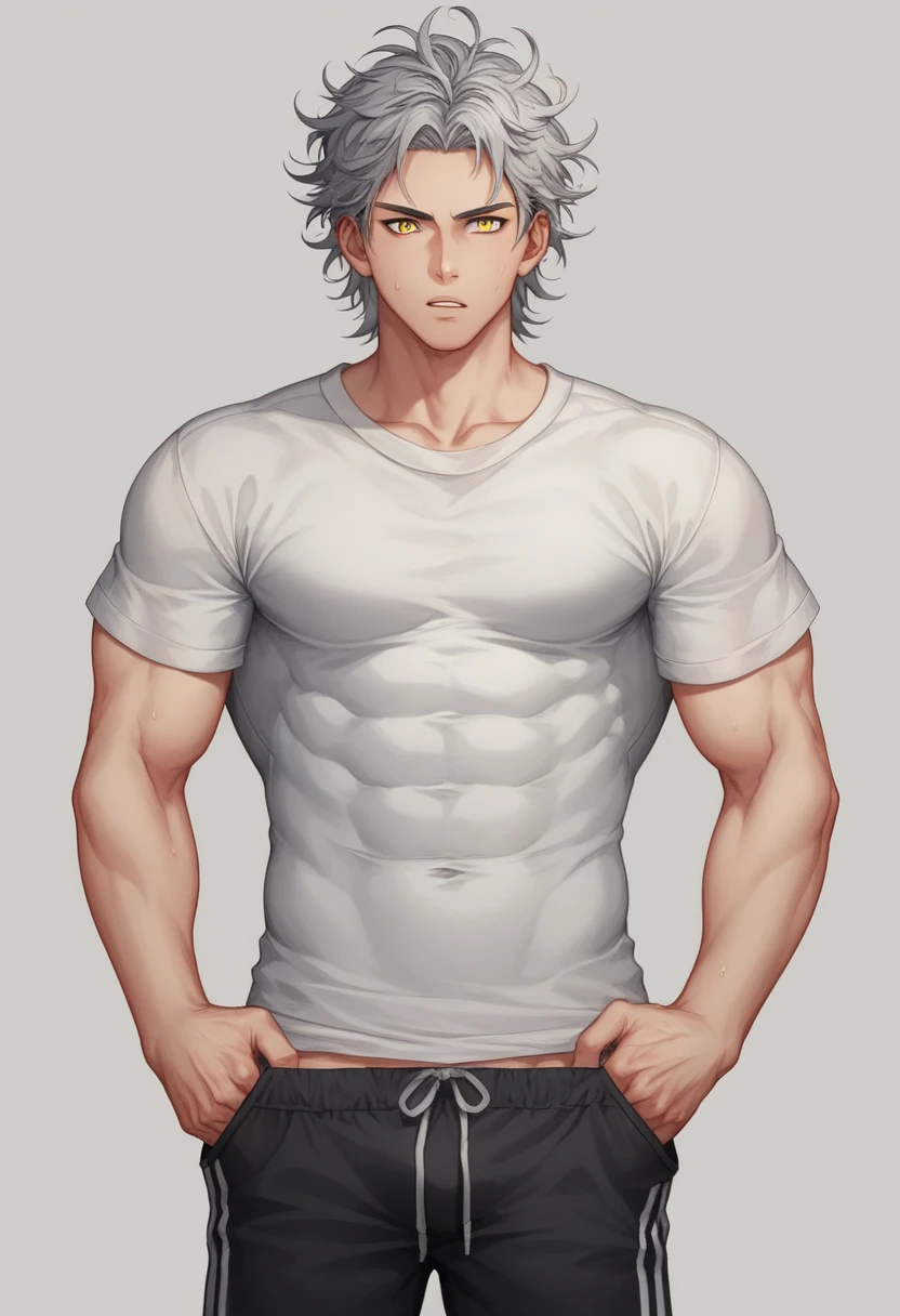 The body of a muscular boy while wearing a black t-shirt.