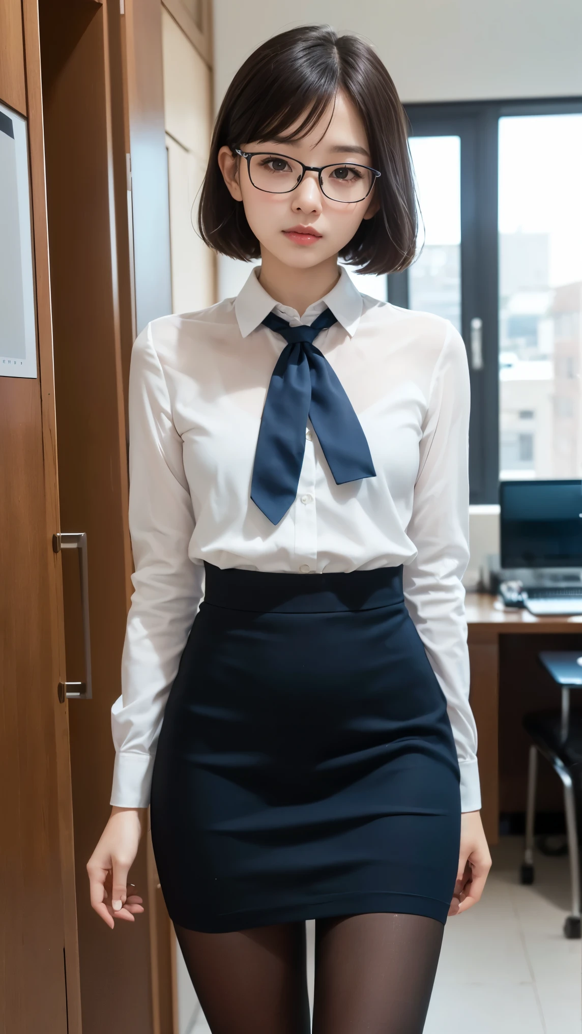 masterpiece, highest quality, masterpiece, highest quality, Official Art ,Highly detailed CG Unity 8k wallpaper, (short hair、huge 、Japanese 、Collared shirt、tie、Mature、Short pleated skirt), (muscle:1.2), Vaginal, One Girl,smile,Random sexy poses,