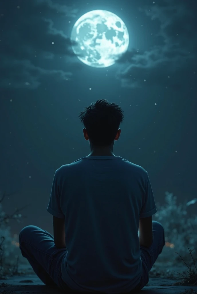 there is a teenage boy who is sitting looking at the moon