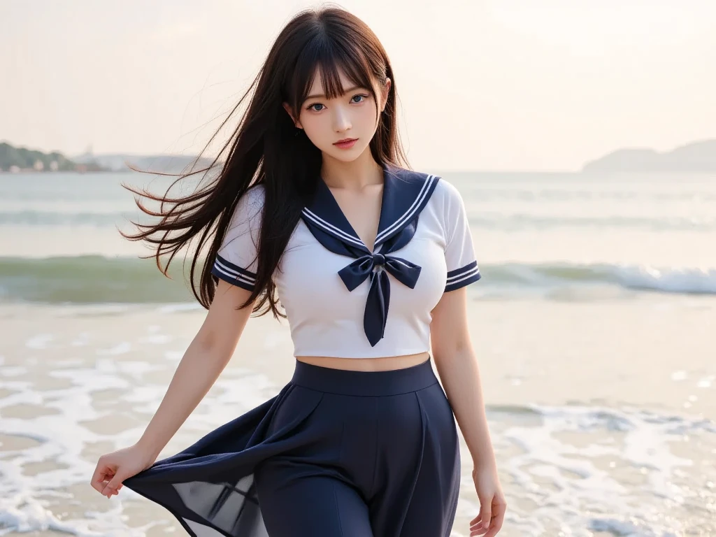 (((very heavy chest))),NSFW, 16k raw photos, highest quality, masterpiece, ultra high resolution, ((She is wearing Beautiful exposed redShe is wearing (a high school sailor uniform).
(navy sailor collar:1.4),(white shirt:1.4),(navy pleats skirt:1.4),(navy bow:1.4))).movie, 1 girl,((attractive expression)),eyes shine、 looking at the viewer, natural skin texture very heavy chest))),((( metal black ribbon around the neck))).star handle mold、((yellow eyes)),Realistic eye and face details, lip whole, lipstick makeup), fluffy ponytail hair, laughter, Beautiful feet, tall woman, ((glowing skin)),((Beautiful armpit)), slim_feet, huge breasts, cleavage, beautiful natural places, beautiful flower garden、(detailed background,highly exposed, huge breasts, blurred background,, JK ribbon on the neck, jk ribbon, golden hair, bracelet, water, bangs, split your lips、armpit、beautiful hip line、glowing skin、(((eyes shine brightly))),lotion skin、High leg、((black hair)),highly exposed、Skimpy pink luxury fur coat、beautiful sea background、wind effect、