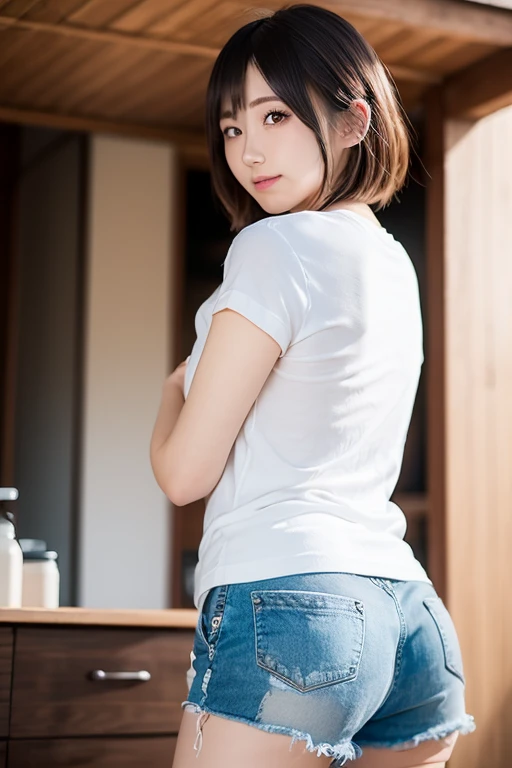 Short sleeve,short pants,at house,masterpiece, Best Quality,8K,4K,Natural blonde short hair,japanese beautiful girl,very nice lady,e cup bust,smile,teeth,bloom,The background is the kitchen,Hands on the wall sticking out buttocks