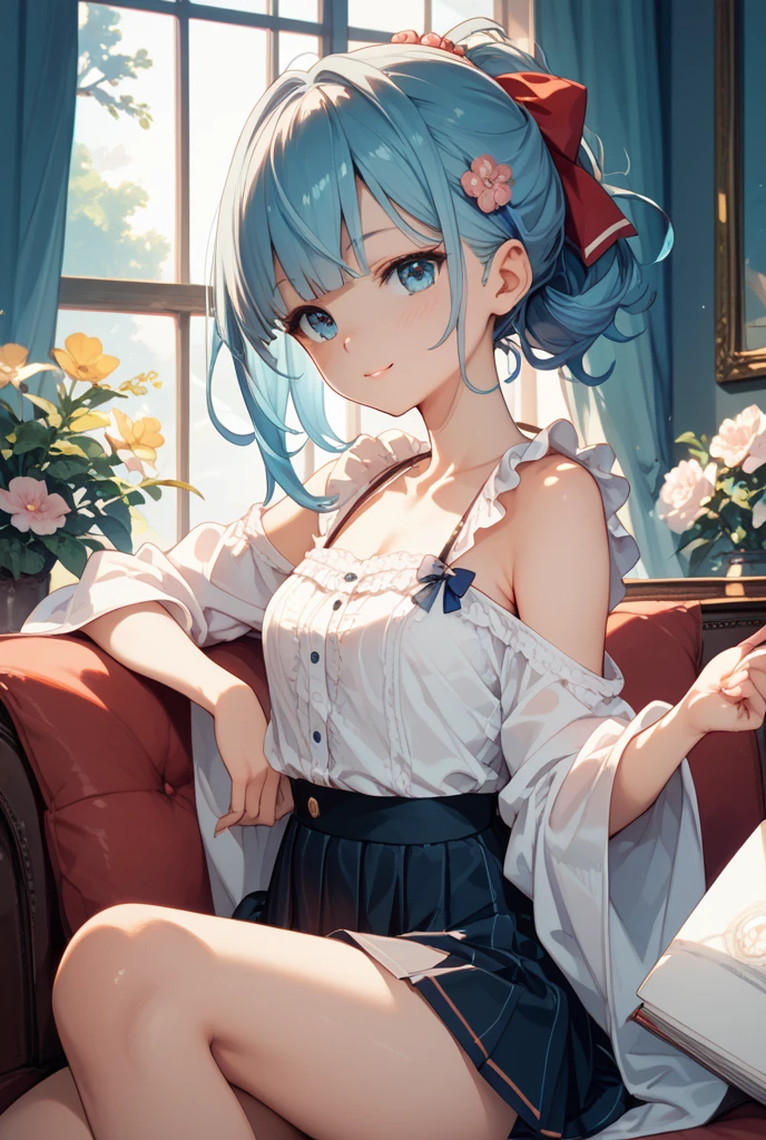 Anime Moe Art Style,Highest quality,High resolution,Anatomically correct,One Girl,Mid-teens,A girl with light blue hair in a ponytail,Super detailed,Fantasy World,Sleeveless blouse,mini skirt,Big Breasts,Shiny skin,Beautiful Skin,A rich expression,smile,A room in an inn,Checking luggage,sit,Eyes drawn in detail,hair ornaments,necklace,bracelet,ring,8K