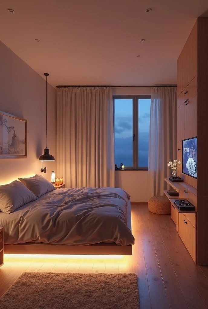 living bed interior, simple and modern luxury style, light red style color: 1.1), fully furnished, (masterpiece: 1.5), high quality, high detail, 8K , studio lighting, cinema lighting, (large windows filled with light: 2)