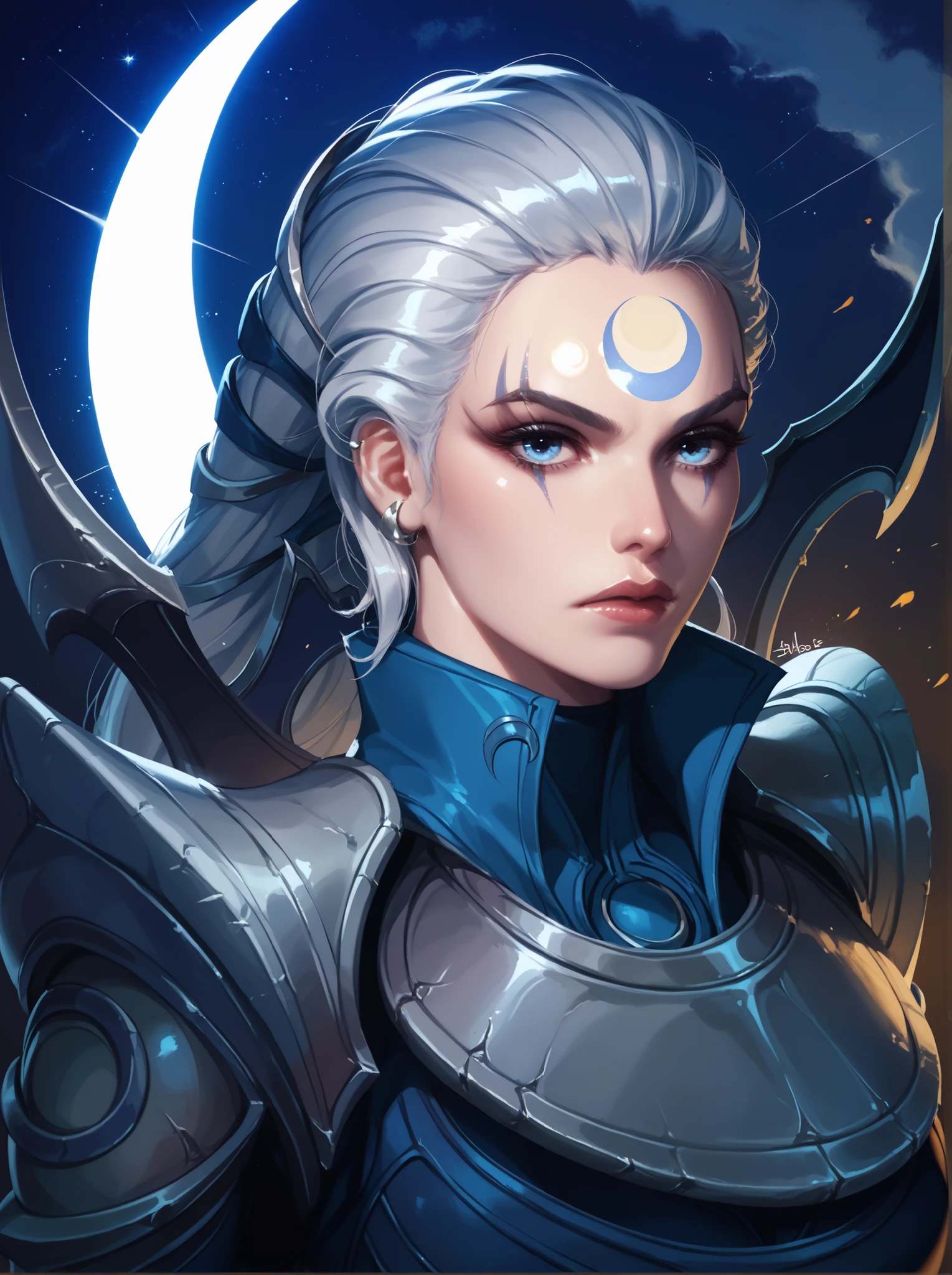 Diana from League of Legends, standing in a moonlit battlefield, long silver hair flowing, piercing pale blue eyes, wearing dark armor with silver crescent moon motifs, holding her (large), (curved crescent) blade, dramatic backlighting from a full moon, subtle blue mist around her feet, highly detailed digital painting, cinematic lighting. upper body illustration.