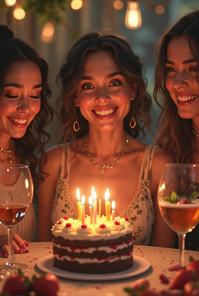 A group of Japanese women in revealing dresses, celebrating a birthday with champagne and cake at a hostess club, are having a lively time with several wealthy men.