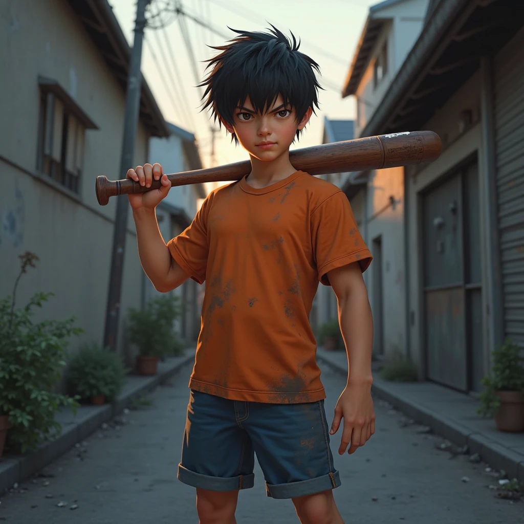 realistic photo, a fat boy aged 5 years, wearing shorts, long hair, big cheeks, carrying a samurai sword in the middle, carrying a backpack, walking on the edge of the city..size 1.2.intricate design.background lots of mustard scattered around sword cut marks...