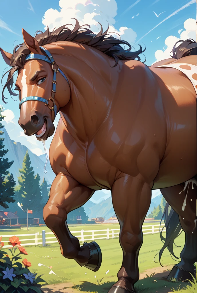 Furry, Antro, Horse Brown, Fundoshi bulto, Fundoshi White, Solo, Bulto Male, Hooves ,Detallado, cuerpo completo, cuerpo furry, Blue eyes, Farm, campo de mazorcas, Ojos Azules