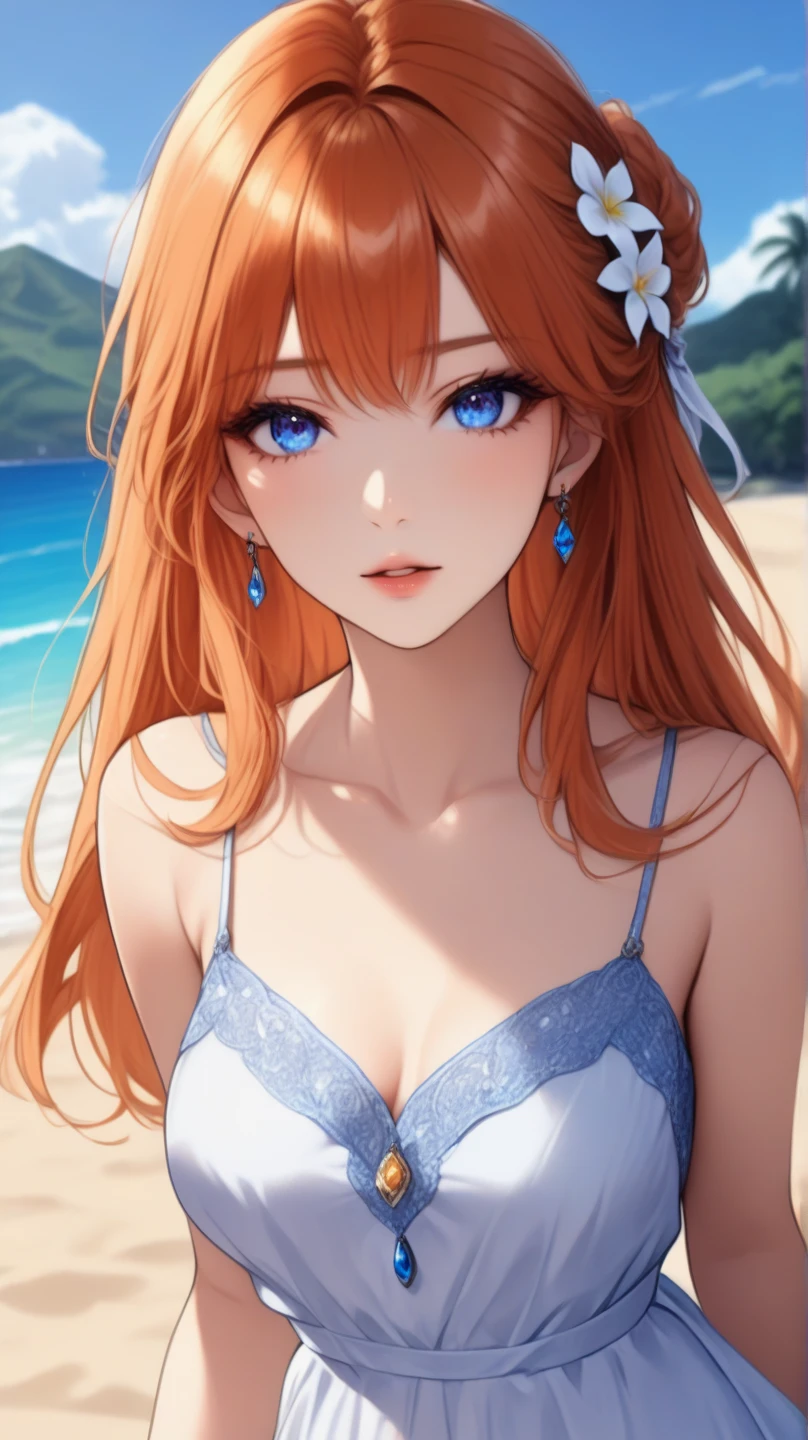 young red hair anime, aesthetic body, Round eyes of deep blue eyes, in a white dress, Gold necklace included、fullbody image