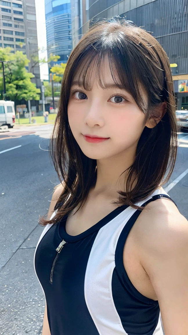 ((The highest image quality, 8K, tmasterpiece:1.3)), 1girll, Beautiful woman with slender abs:1.3, (casual hairstyle, :1.2), shift dresses,Ultra-fine face, A detailed eye, double eyelid,ssmile。Take pictures in cute poses,The figure is very bad,tiny small waist,Super big breasts,close-up,Close-up chest,White-skinned,Bustling street background、Selfie