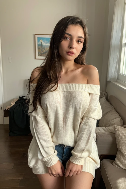 Masutepiece、highest qualityr、high resolusion、Eleonora Pavinato, 23 years old, Younger headshot, looking cute, cute pose, Beautiful busty girl, Black long hair, cute pose, wearing warm clothing