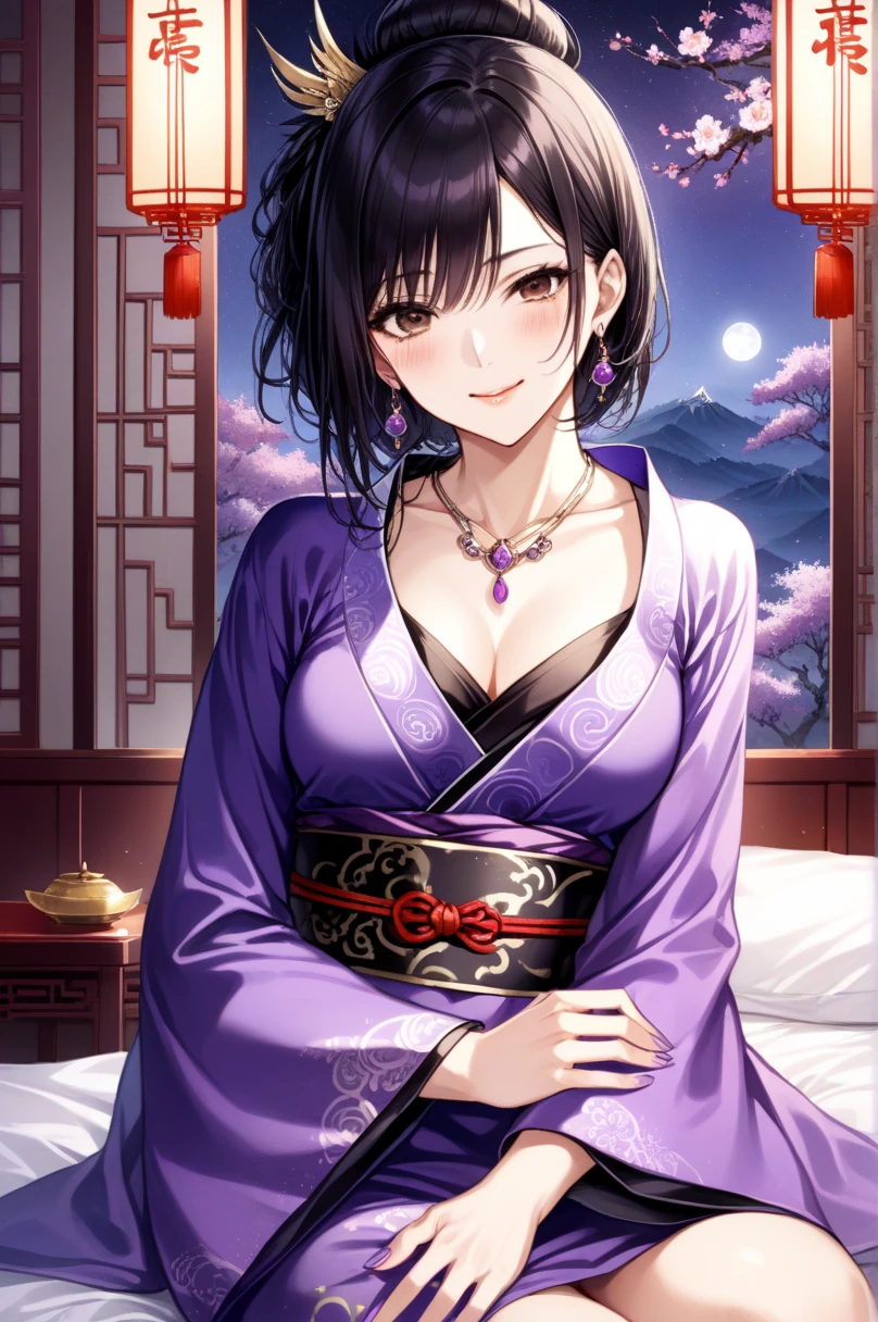 masterpiece, high resolution, high quality, bedroom, night, purple kimono, big breasts, cat ears, floral pattern, red eyes, NSFW, black hair, ponytail