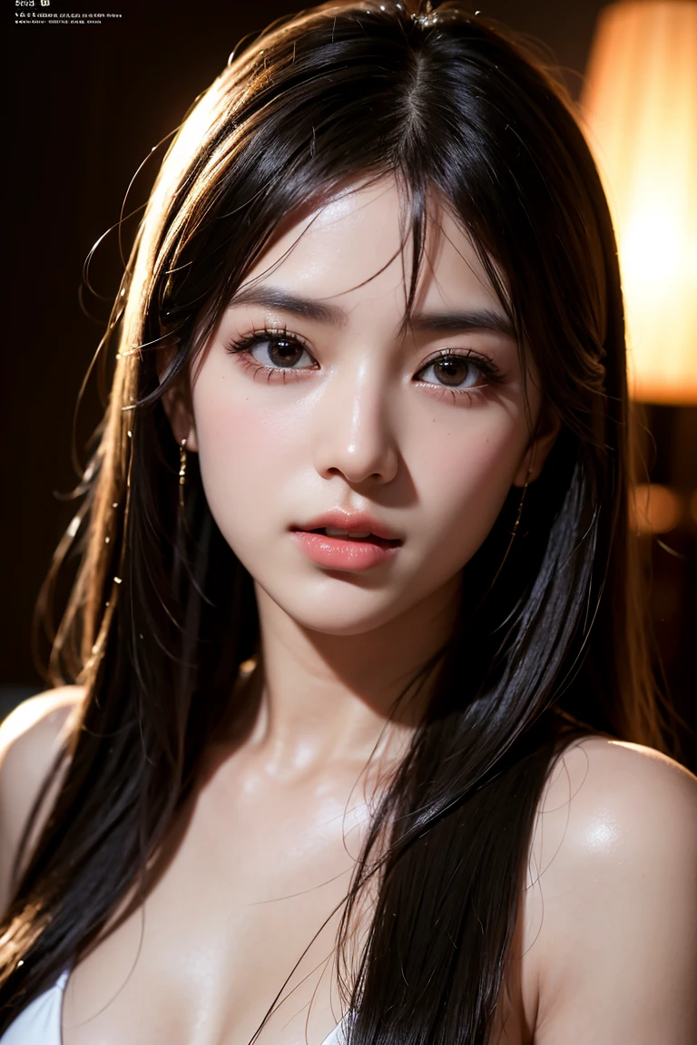 (8k, RAW photo, photorealistic: 1.25), (lip gloss, eyelashes, shiny face, shiny skin, best quality, ultra-high resolution, depth of field, chromatic aberration, caustics, wide range of lighting, Natural shading, Kpop idol) looking at the viewer with a calm and goddess-like happiness,
