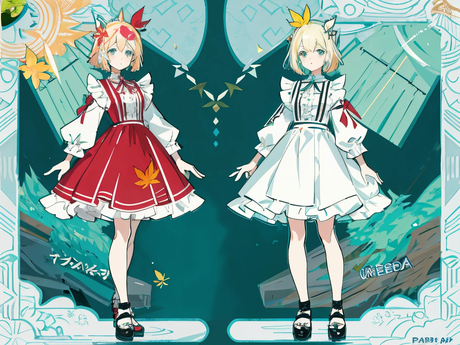 Highest，animated concept art，pretty 、アニメCharacter Design，anime character reference sheet，[Character Design]，1 girl on break day, (CHARACTER INFO)、( CHARA LEAF )、 stylish, Ruffles and lace,Type sheet, character sheet, Three Types，full body shot，shoes、ゲームCharacter Design, 