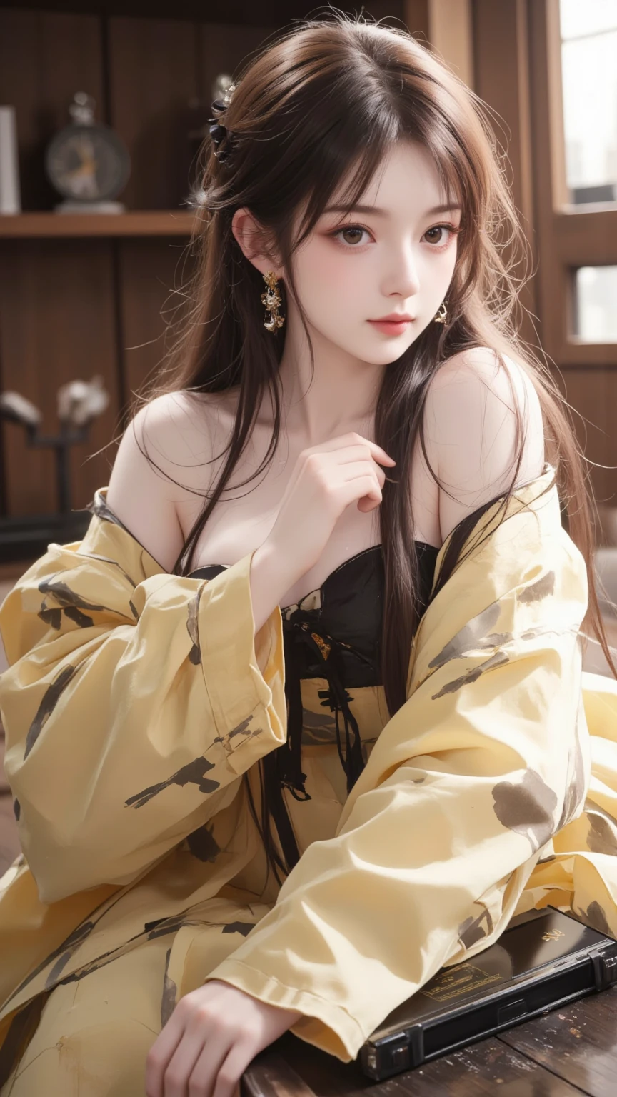 Hanabi hyuga A woman who was lying in bed. Wearing a brown, yellow kimono with a brown belt. With both hands on the side of your head. His skin was white. And her cleavage is a little obvious. Her cheeks were bright red with wistful eyes. "With her eyes brecolour ababu" His very long black hair fell apart and partly covered as his eyes and face. Looking very beautiful and realistic