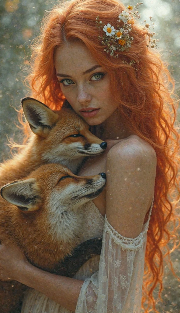 An angry girl with red hair on her face, sexy freckles, freckles on her face and red hair, a thin and elegant girl holding a fox in her hand, an evil fox.