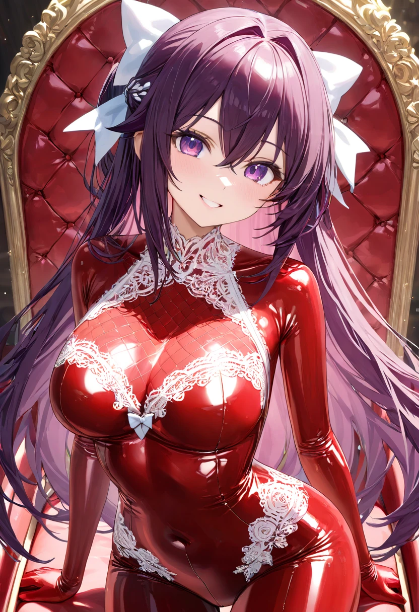 (high quelity), Female Lelouch Lamperouge, long hair, pink bunny suit, white stockings, pink high heels, tray on a hand, sexy smile, light blush, looking at viewer, big breasts, precise hands, repair legs