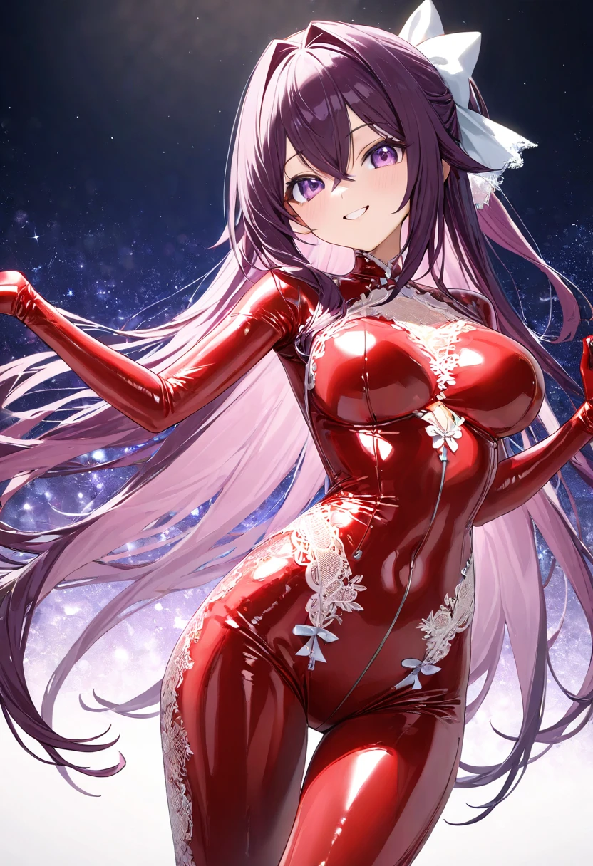 1girl, solo, masterpiece, best quality, high res, highly detailed, (illustration), beautiful detailed eyes, ivy fe, purple hair , long hair,purple eyes ,glossy lips, light makeup, smile, long white satin elbow gloves ,cowboy shot, (santa), red santa dress
