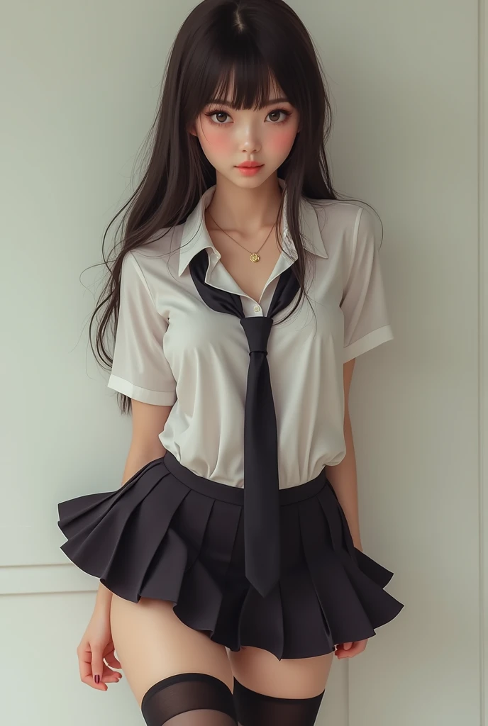 absurdres, RAW photo, extremely delicate and beautiful, masterpiece, Best Quality, ultra high resolution, 32k, hyperrealistic, ultra-detailed, perfect anatomy, anatomically correct, perfect figure, Perfect Style, Perfect balance, in her 20s, very small head, very small face, delicate facial features, tearful mole, earring, (very huge round breasts:1.2), bare legs, full body shot, medium hair, black hair, (school_uniform:1.2),