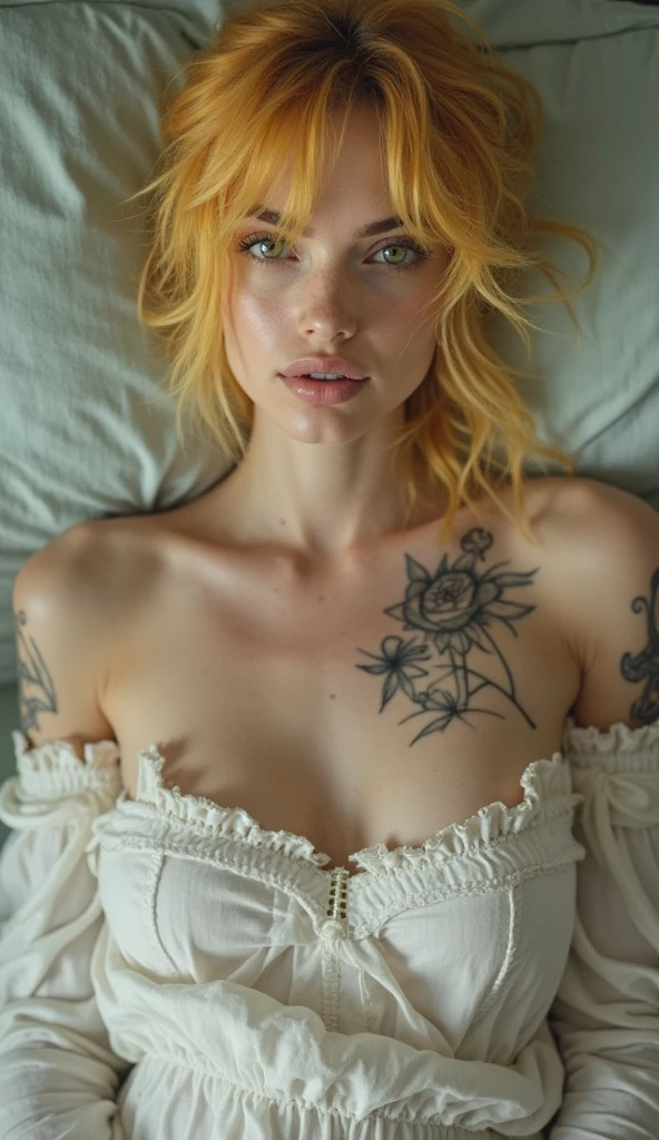 1 white tomboy european girl (black stockings), medium Butterfly Cut hair, red hair, messy hair, big eyelashes, radiant smile, full body photo, 8k photo, tattoos, slim body, realistic,, arm full of tattoos, oiled up body, high details, cute face, teen girl, slander, best quality, photorealistic, topless, perfect eyes, tomboy, freckles, fringes, on bed, tomboy, bow tie, no chest, red lipsticks, red lips. naked, feeling pleasure, perfect green blue eyes,