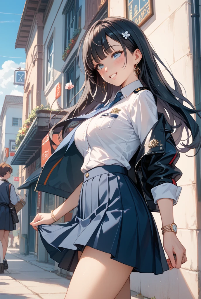 A high school girl bigger than a building crushes a building, wearing a Japanese sailor suit, with a navy pleated skirt, from the perspective of a citizen, looking up from below, glaring at the citizens beneath her feet, a masterpiece, high definition, special effects,
