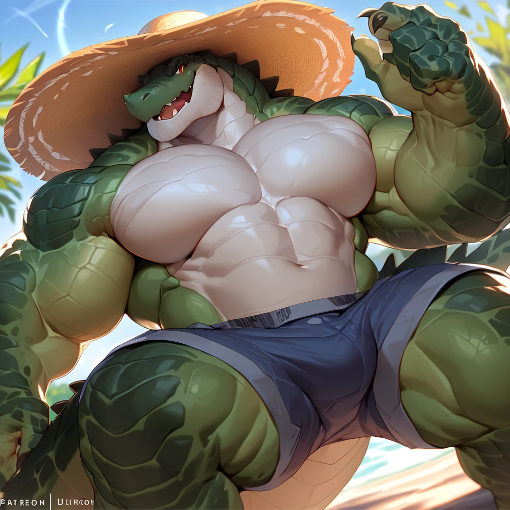 Green dragon, solo, muscular male, sexy and alluring, shirtless and adorned with a fitting Speedo, showcasing a nice, huge bulge, set against the backdrop of a serene beach scene, by chunie. NSFW. With a seductive, captivating grin, and the menacing allure of a skull head. Maximum quality, dramatic lighting, fierce expression, epic atmosphere. The intricate details of the scales on his body shimmer in the sun, the water creating an HDR vignette effect in the background, the incandescent lamps illuminating the scene, dynamic blur adding to the bokeh background effect, giving off an aura