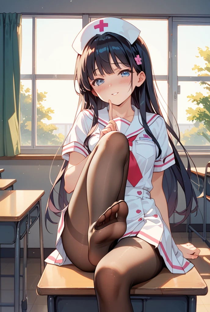 beautiful girl、、Twin tails、Pleated skirt、Black Pantyhose、School stairs、Condescending face、panties under pantyhose、Highest quality, Condescending smile,Sit with your legs apart、Patterned panties、Sweaty buttocks、Sweaty crotch、Low Angle、Cowboy Shot、Show the soles of your feet、Steam from the soles of the feet、Stains from the pussy line、Sweaty feet、Brat