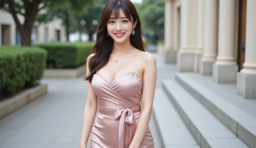 Tzuyu 1, woman, (Realistic), (Hyperrealism), (photoRealistic), Written boundary depth, eye make up:0.7 (whole body:1.8), (Large Bust),(Tight waist), Observe the audience,At the flower garden, Fashion Model, A sexy dress with open shoulders and neckline
