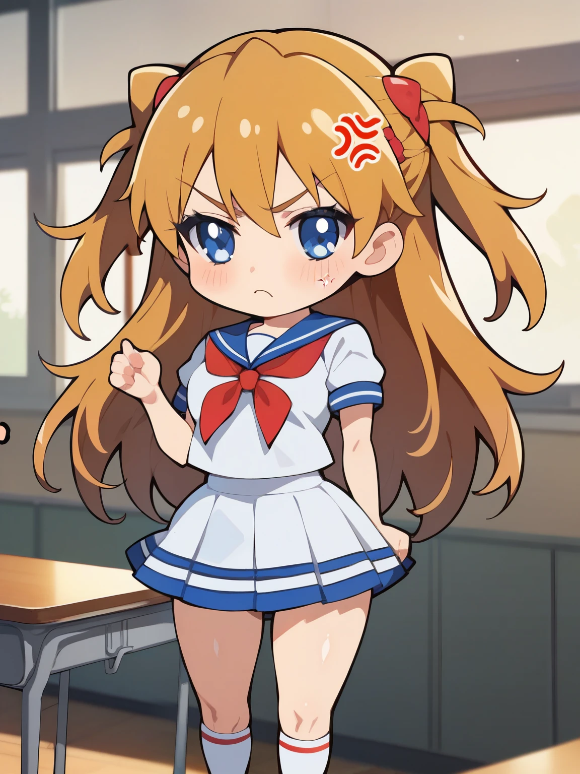 score_9, score_8_ up, score_7_ up, score_6_ up, score_5_ up, anime,nsfw,uncensored ,( chibi:1.5),masterpiece, 最High Quality, High Quality,solo, ung ,Petite,Aska Langley ,detailed face,,{school uniform},plain short sleeve shirt with white sailor collar、hand open,White color,Light Blue Skirt, uniform_red ribbon,shiny skin,front view, assaulted the classroom ,look away, shiny skin, anger、sexual excitement、breathe, Depth of Subject ,Pretty Cure Style,glitter,