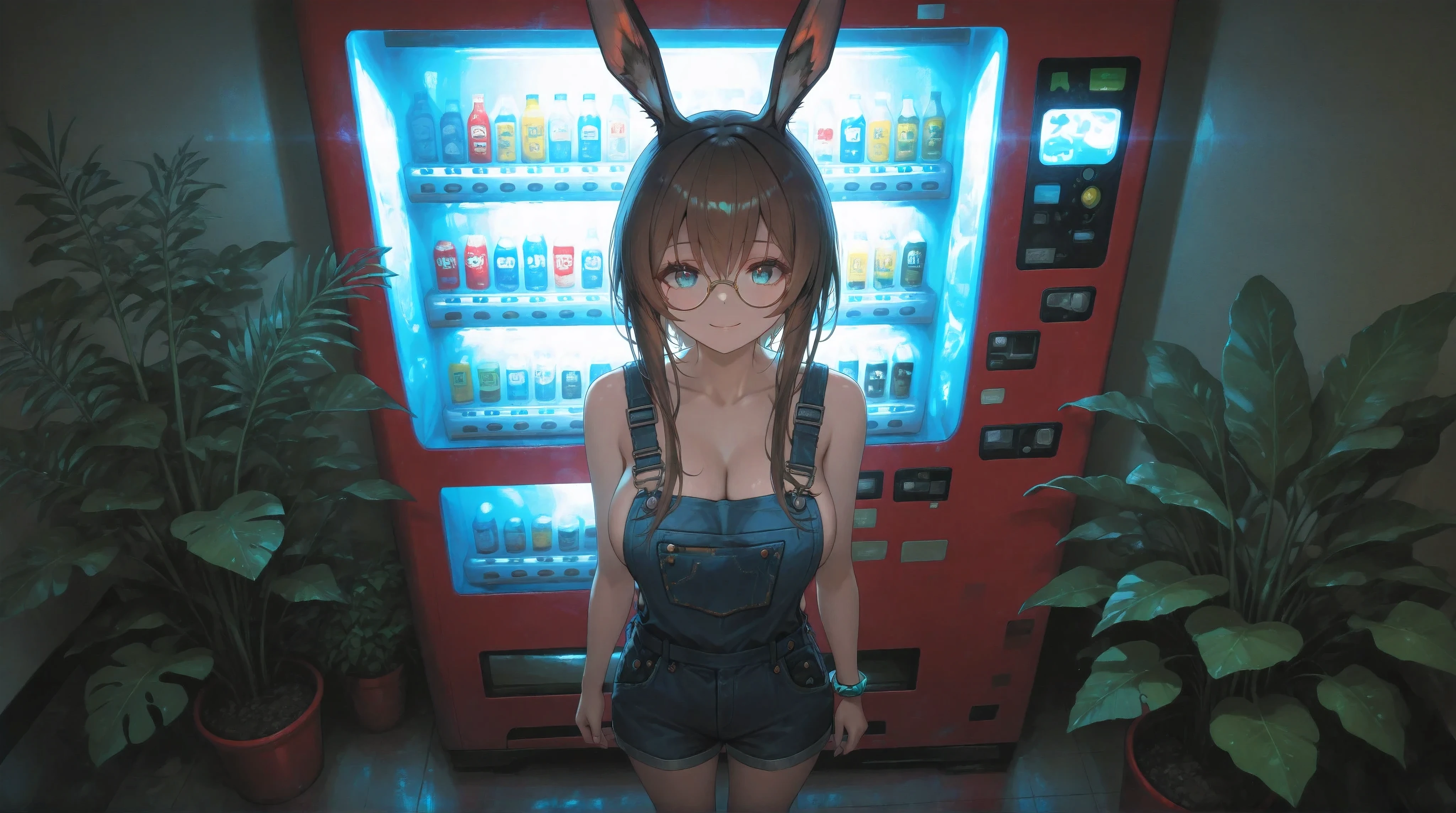 A Realistic image, extremely sharp focus, crisp details, high resolution, 4K, 8K. (correct anatomy and detailed hand). A wide angle shot, high angle, front view, a detailed, high quality rendering of AMIYA from ARKNIGHTS. She wears beautiful, detailed round eyeglasses, she wears shortalls. She has a beautiful big breasts. She has a beautiful face details, a beautiful detailed eyes and a real human skin, her expression is happy and she looks at the viewer. She's standing in front of a vending machine at a convenience store, the room is decorated with so many plants, the room was dimly lit, dramatic cool soft light shines from the vending machine casting soft natural shadows, the only light comes from the vending machine, cold color pallete. the background has highest detail, detailed background and depth of field.