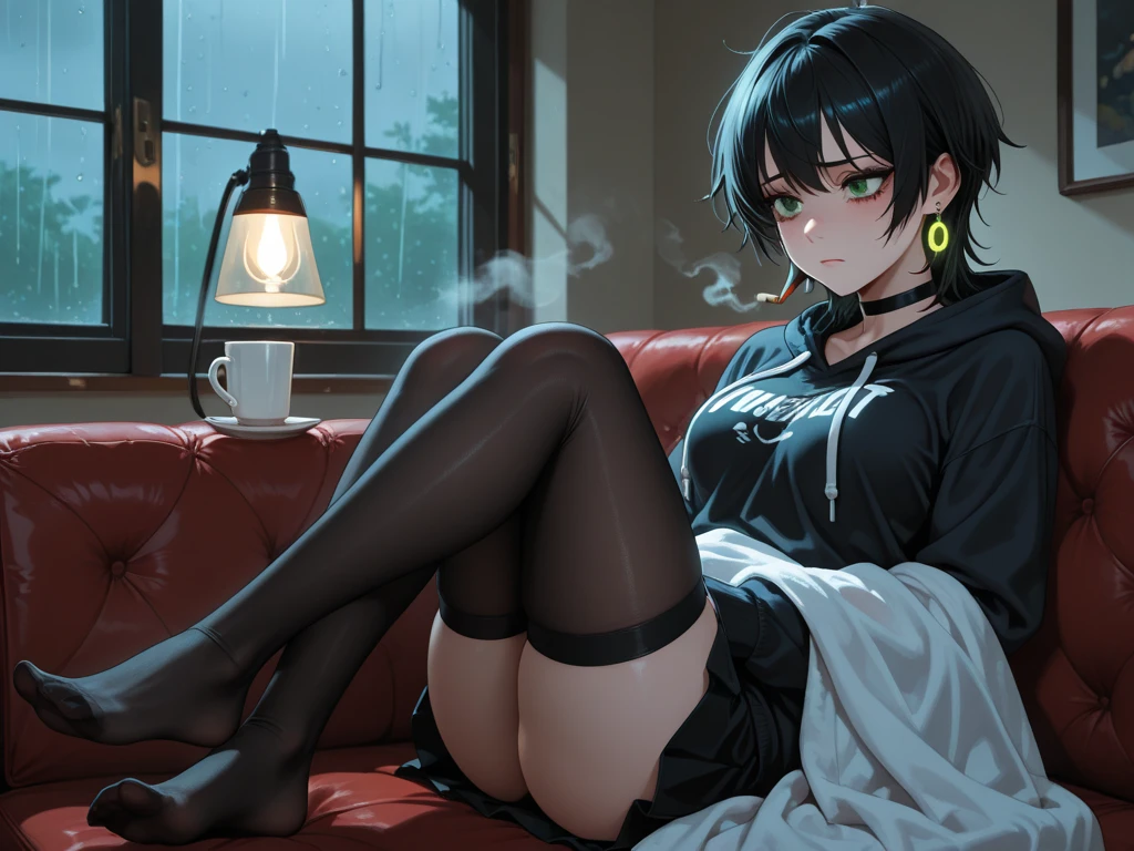 Cute high school girl, many scars and bruises, slender body, sitting in waiting room crying, hands covering face, very sweaty, short black hair, poor body, small breasts, sports bra, high leg shorts, open finger gloves