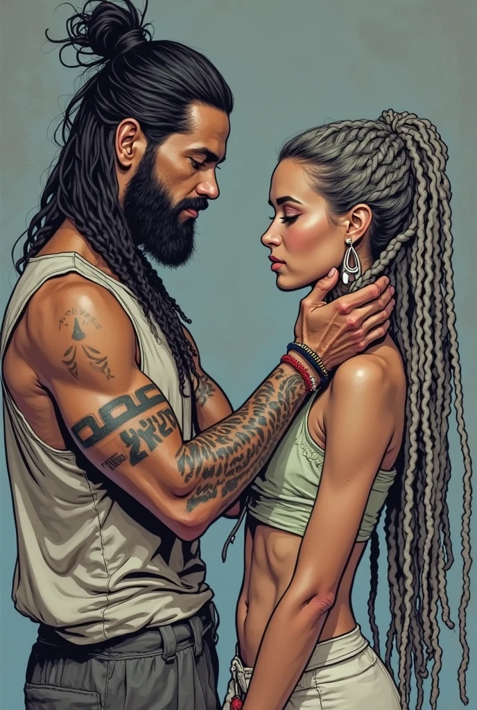 Comics of one ganster white young men with tattoo chating with a beautiful black braided women with long sleeve white shirt