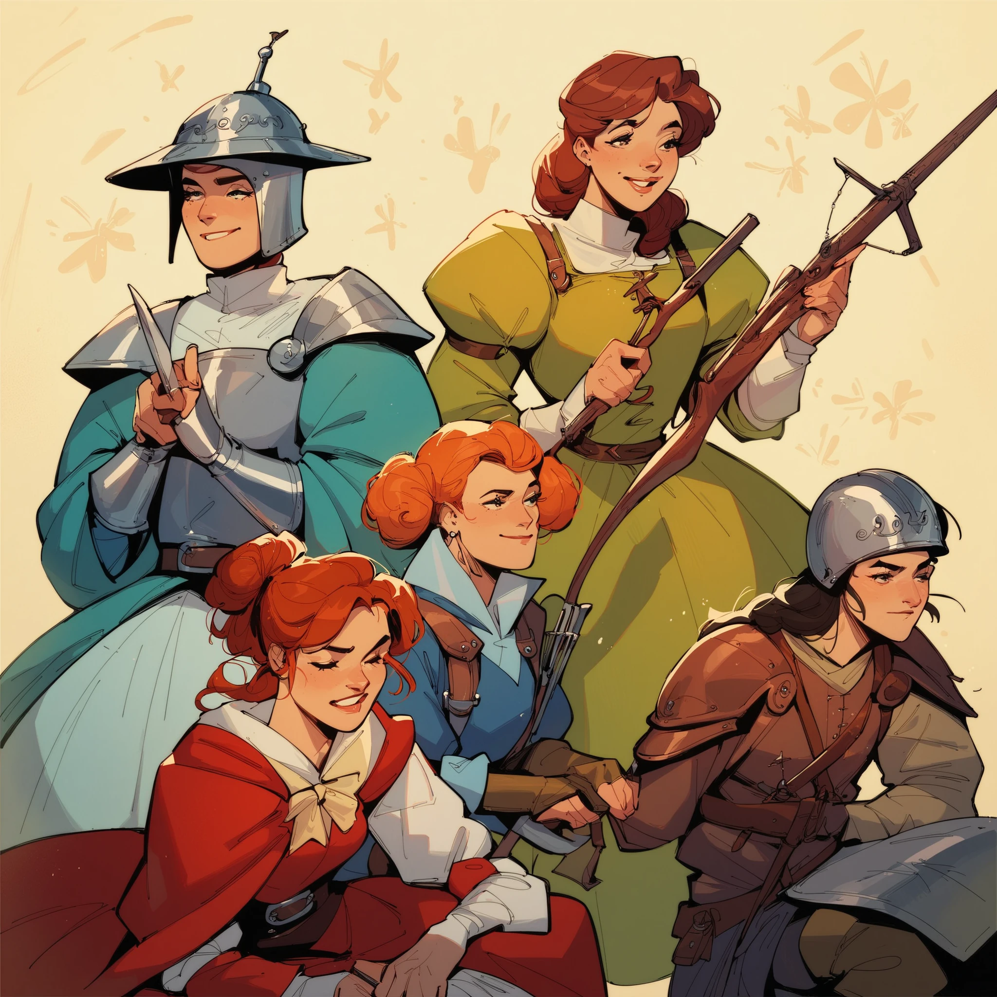 source_anime, score_9, score_8_up, score_7_up, score_6_up,art style, a group of adventures party, boy, girl, medieval western fantasy, adventure gear, wearing variant armor, helmet, bow, crossbow, albarest, catapult, ballista, musket