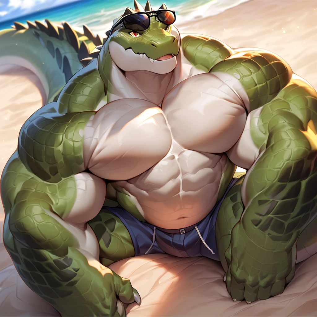solo, 1boy, perfect anatomy, (furry crocodile, green crocodile), perfect proportion, laugh, open mouth, big eyes, wide chest, bulky, bulk, bulge, happy. Huge Muscular Old man with short hair sitting in swimming pool ,(white shorts), view from side, pectoral, thick arms, huge pectoral, wide pectoral, white hair, white beards, simple background, masterpiece, semirealistic:1.2, high detailed, 8k, high resolution, perfect center, full view. ((really big muscle, massive muscular, sixpack, thick arms, wide pectoral, super huge muscle, hyper muscular, over sized muscle, huge arms, big arms, huge pectoral))