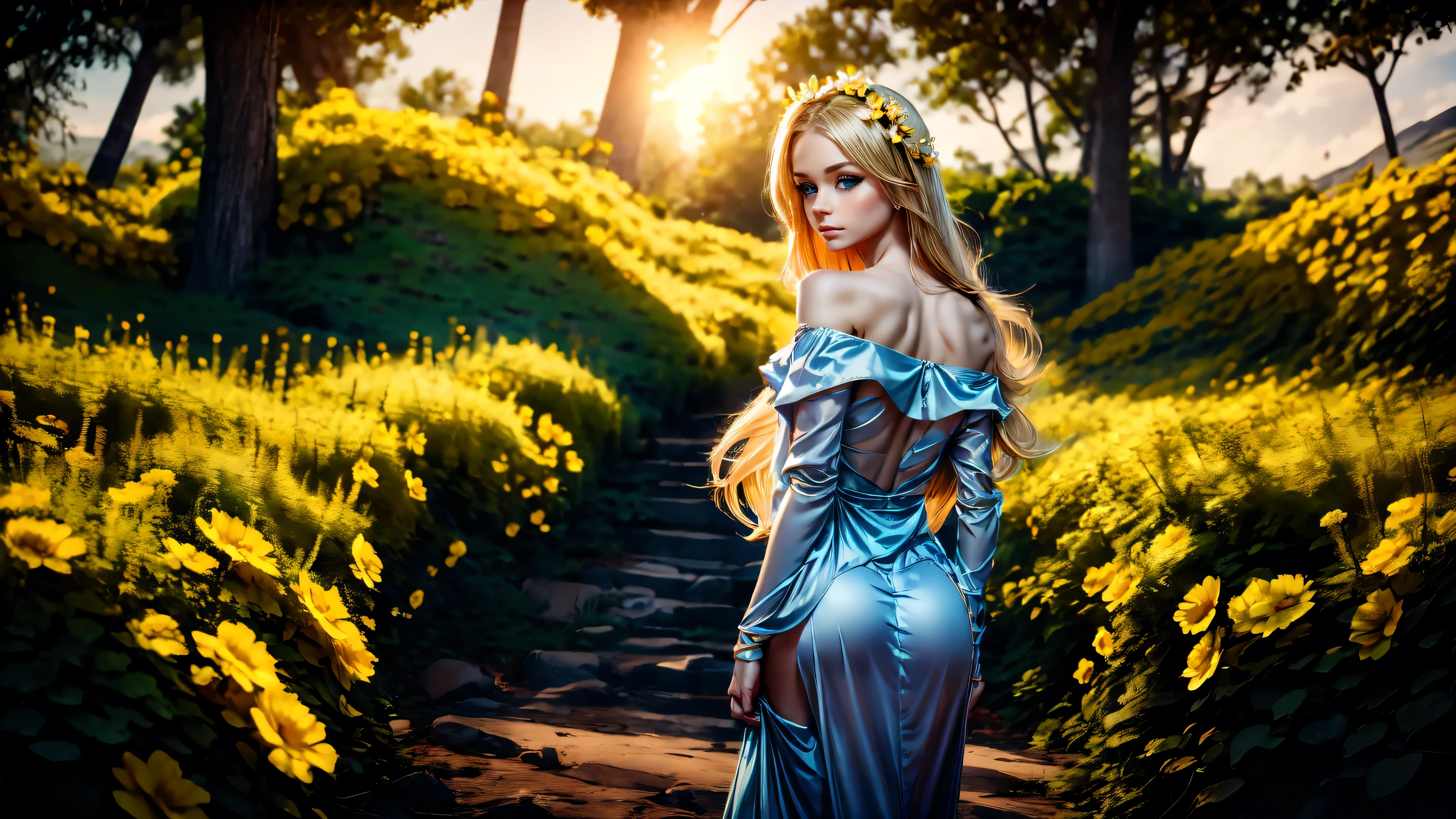 only one girl, standing, (masterpiece), (portrait), (best quality), (detailed), light layer, (solo girl), (1 girl), ((ager)), (()), young girl, perfect body, blonde hair, yellow flowers in her hair, defined chest, ((Large blue eyes)), ((looking at viewer)), defined collarbone, ultra realistic, photo-realistic, detailed, Off The Shoulder Lingerie Dress, back view