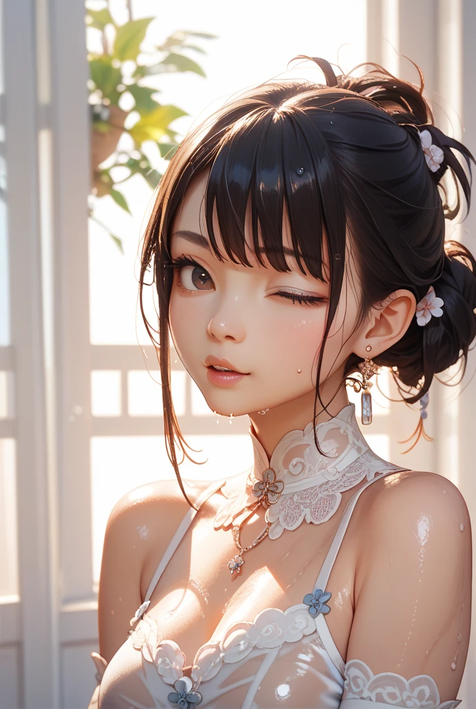 One Girl,(とてもcute少女:1.3),masterpiece,Highest quality,High resolution,Photorealistic,RAW Photos,Ray Tracing,Physically Based Rendering,beautiful girl,(:1.3),cute,Big eyes,(detailed pupils:1.2),(The face is facing sideways:1.3),Body facing sideways,Beautiful nose,High nose,Upturned nose,Fuller lips,Short black hair,ponytail,short hair,Detailed eyelashes,Thin eyebrows,Very fine grain definition,(Golden Ratio:1.3),(Face close-up,Face Focus:1.0),Small breasts,Slim figure,Short neck,White swimsuit,White Bikini,Ocean,Southern Island,Blue sky,White cloud,Portrait,View Viewer,Upper Body,Cinema Lighting,High resolution,Very detailed
