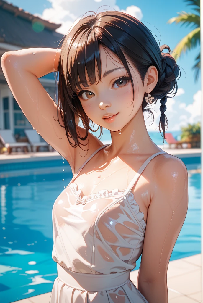 Girl Sweat It's hot summer Overlooking Top view Direct sunlight Flapping the clothes around her chest Left facing Small breasts diagonal diagonal上