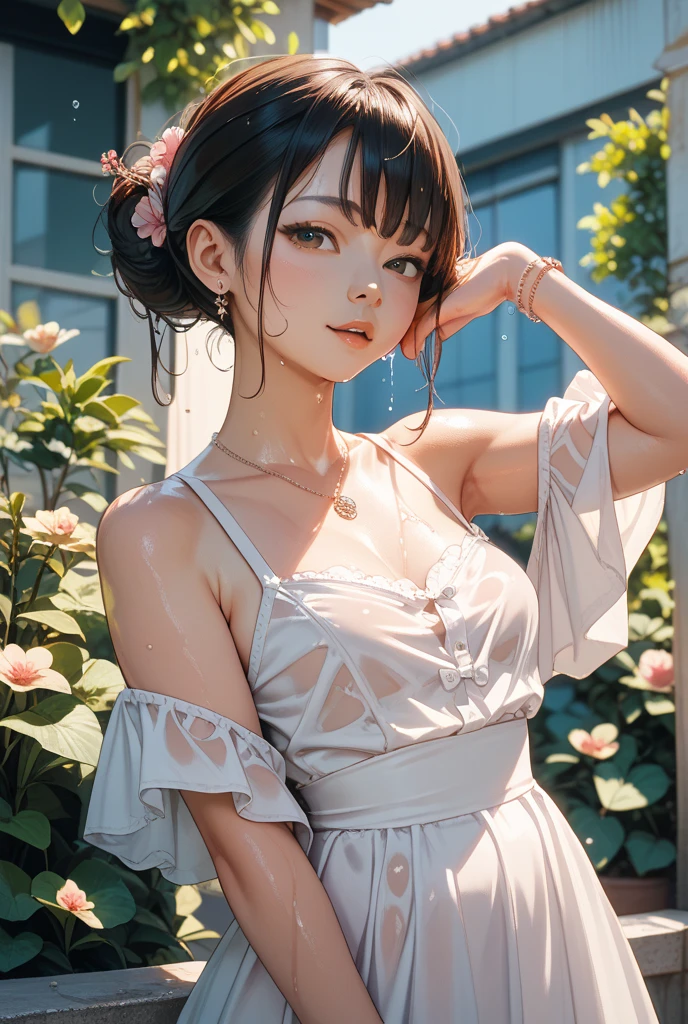 (masterpiece:1.2, Highest quality), (Realistic, photoRealistic:1.4), Ultimate beauty、mature、(Beautiful Features、Detailed lips, Beautiful eyes with attention to detail)、(Beautiful Teeth), blush, Captivating Gaze、masterpiece,(Highest quality,Hyper Detail)、 Natural Makeup,Looking at the camera、Looking up、alone,Cute woman in her 20edium breast、Short Bob Hair、(Bangs too)、Mysterious Beauty, Perching on the clouds, (Fantasy Illustration:1.3), Captivating Gaze, Seductive posture, The charm of another world, Mystical Sky, (Written by Luis Royo:1.2), (Yoshitaka Amano:1.1), ((moon 夜)), pastel colour, (Cloud Detail View:1.3), Outdoor、palace、 (Bandaged、Eye patch、uniform、Collared long sleeve shirt、Gingham check pleated mini skirt、Lace frilly panties、Red ribbon tie、Earrings、(topless:1.6)), Side Lock, (Midnight background, full moon、Fantasy、cherry blossoms、petal)、(Wet hair、Wet skin:1.3)、(Semen is on it:1.5)、(Extra Bust Up Shot:1.2)、(Shot from above)、(smile、I'm worried、Open your mouth:1.2)、(Wave your hand)