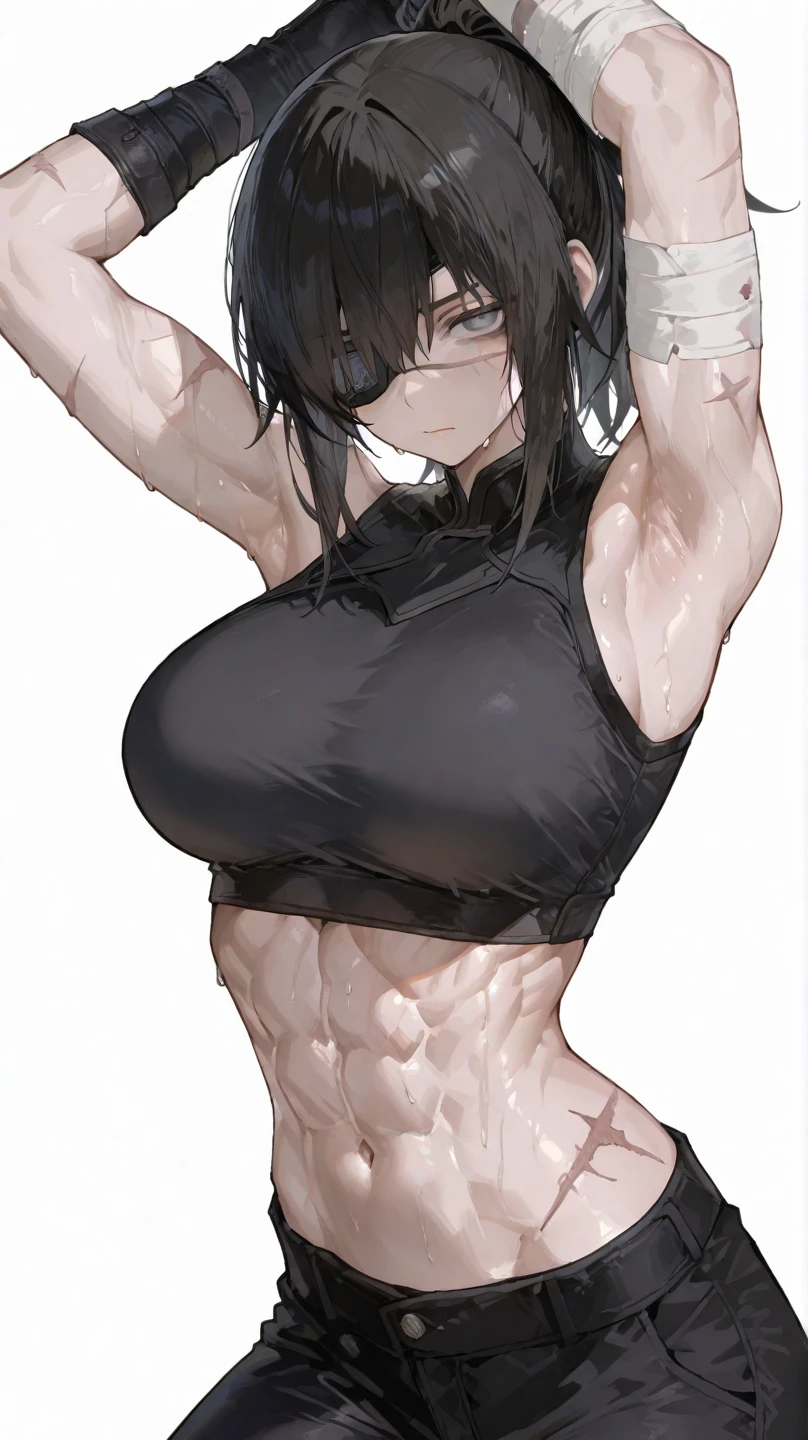 8K,master piece,anime,(Highly Detailed face),Perfect Anatomy,Suguha Kirigaya,1female,(crying),red micro bikini,choker,micro top hat,(black thighhigh stockings),high-heeled ankle boots,((groin)),short hair,leanbody