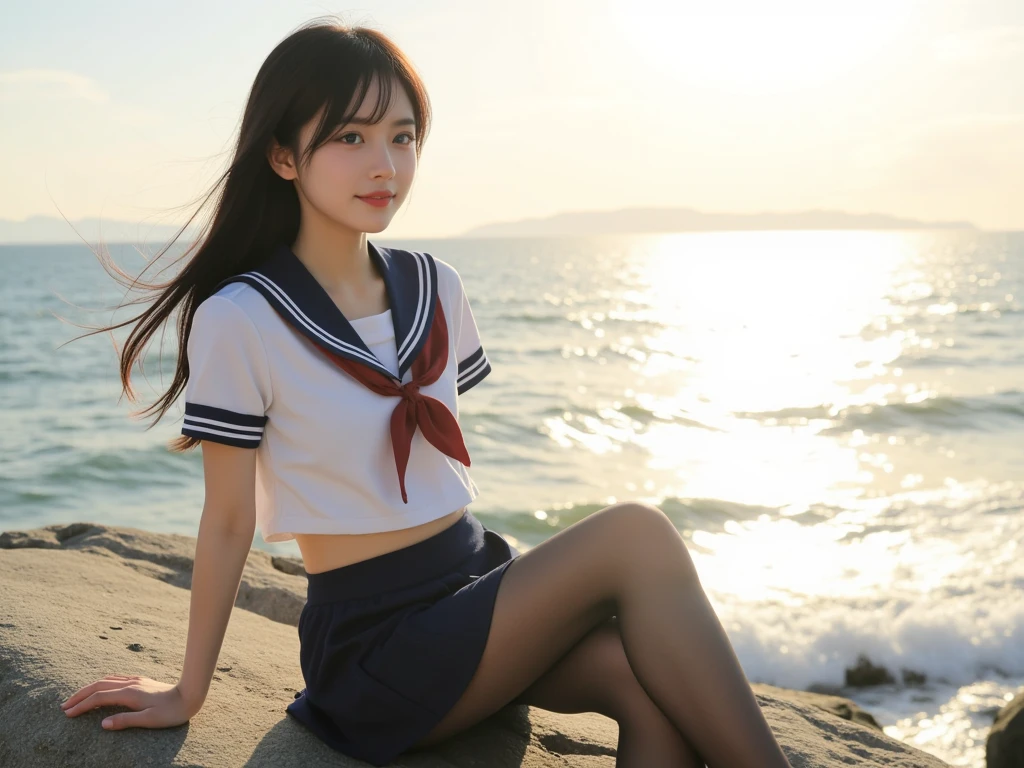high quality、high resolution、masterpiece、Bright red sky、Beautiful crimson clouds in the background、Squat on the edge of the wave with your legs apart, Sailor suit、Red pleated skirt、Red High Heels、White lace panties、 She is posing for a photo shoot, Looking into the camera、Shooting from below、Intellectual look、Too cute face