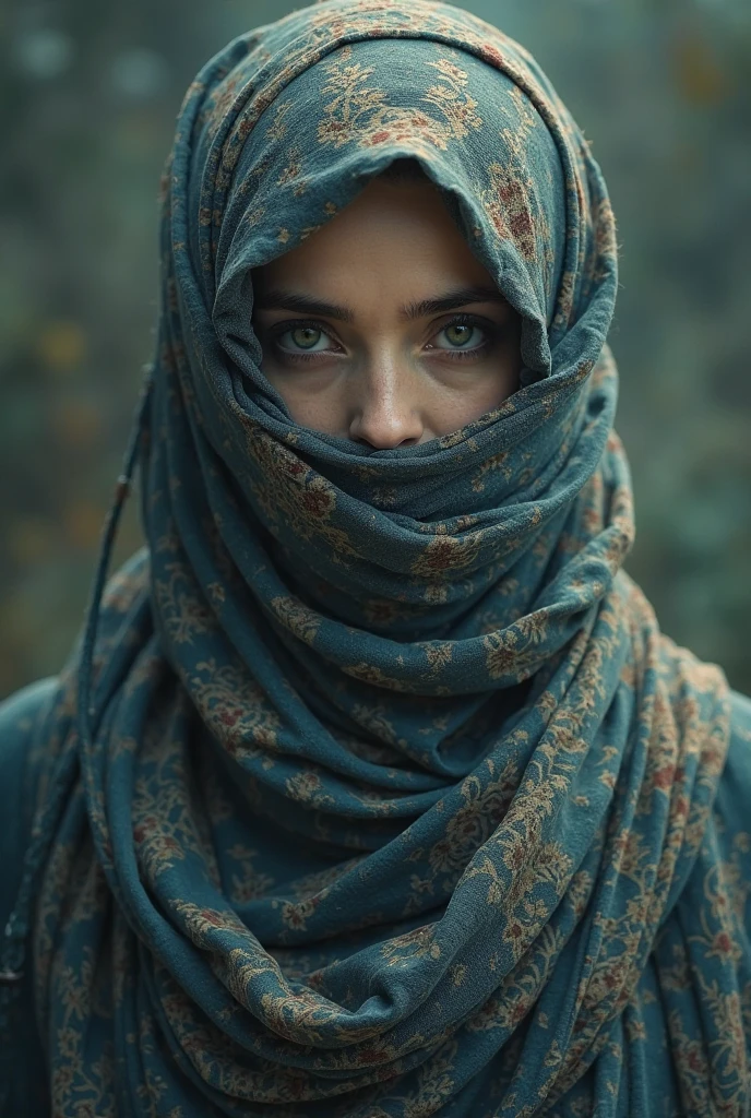 Sad woman. Sad face. Crying. Wearing sharee. Hills background. Tape on mouth. Attractive face. Little green dark.